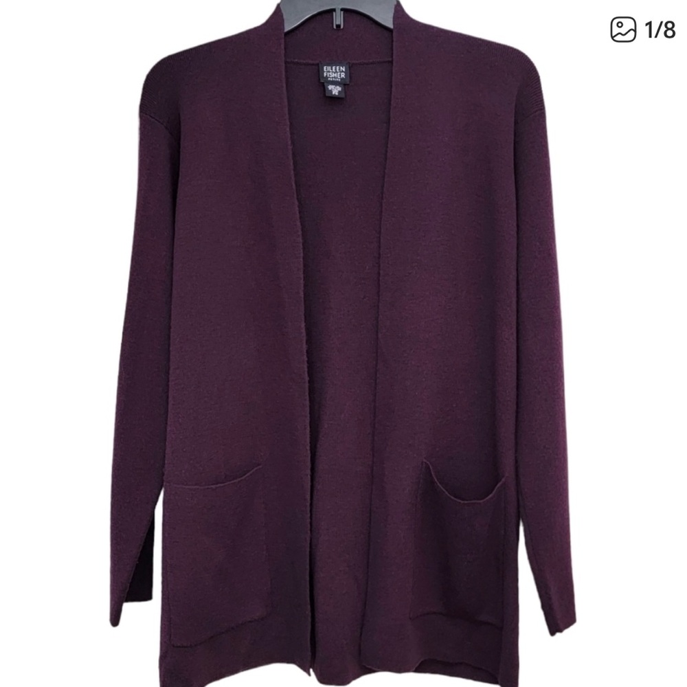 Eileen Fisher 100% Merino Wool Deep Purple Open Cardigan Size PS